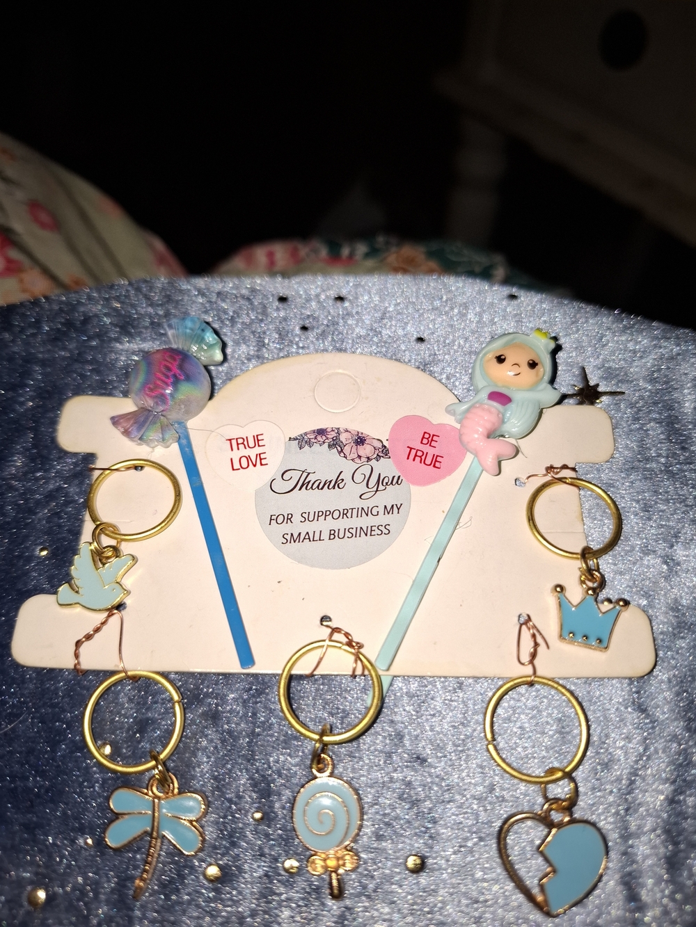 Blue And Gold Hair Charm Set With Mermaid/Candy Bobbie Pins